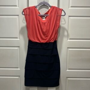 Coral and navy blue pencil skirt dress , mid thigh